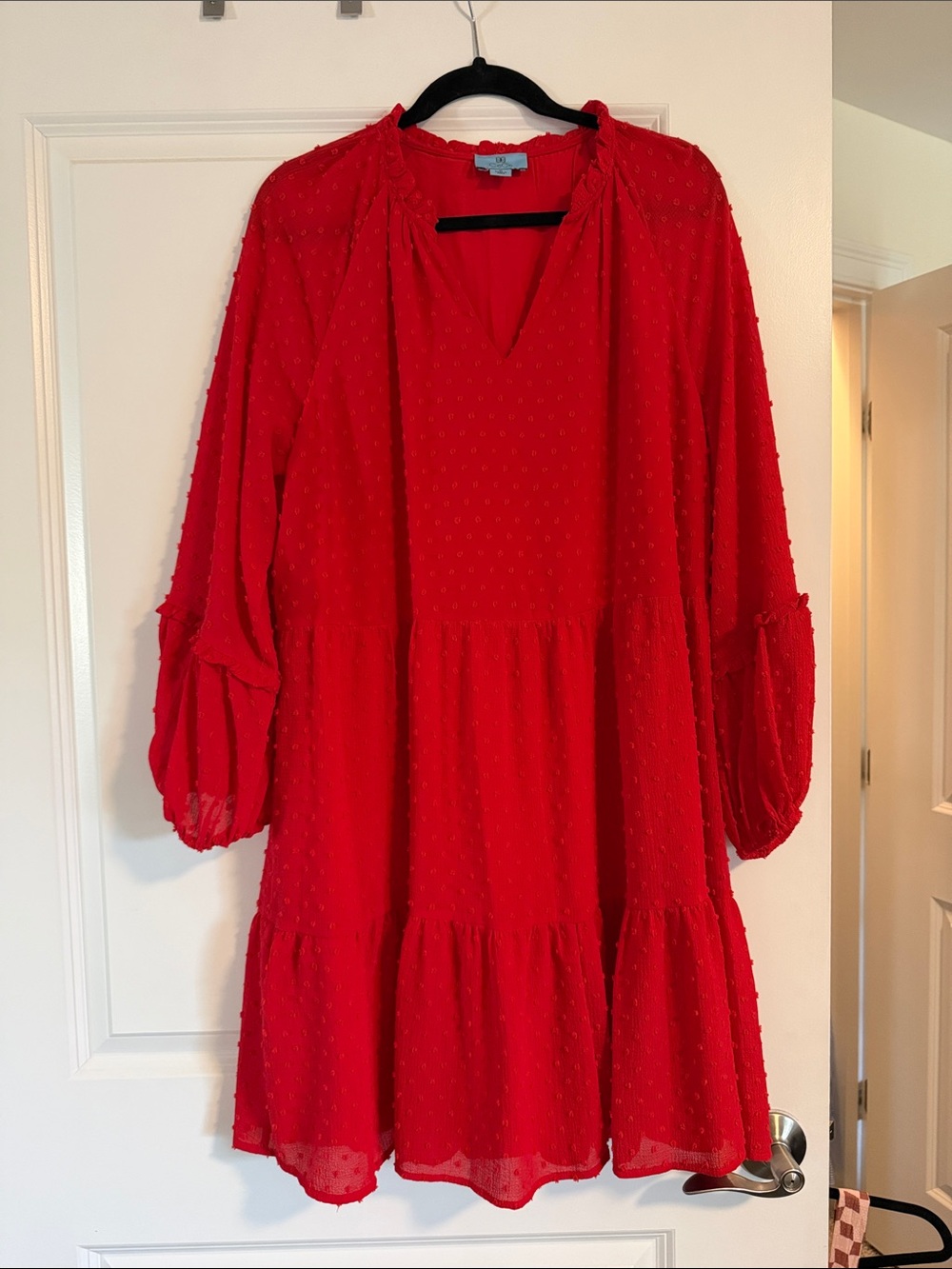 CeCe Red Swiss Dot Tiered Long-Sleeve Dress